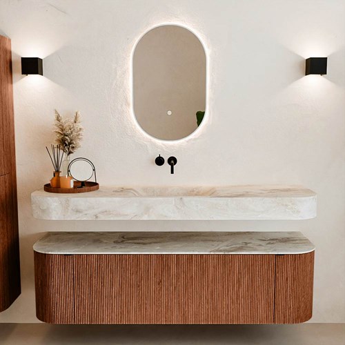 THOR-DLUX 160cm meubles de salle de bains courbe gauche + droite couleur Ruby avec 1 tiroir et 2 portes. Lavabo suspendu CLOUD Centrée sans trou pour robinet couleur Frappe.-3