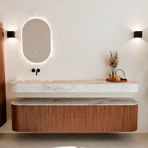 THOR-DLUX 190cm bathroom vanity set curve left + right color Ruby with 2 drawers and 2 doors. Floating sink CLOUD Left without tab hole color Frappe.-3