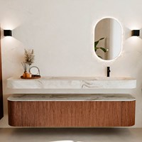 THOR-DLUX 200cm meubles de salle de bains courbe gauche + droite couleur Ruby avec 2 tiroirs et 2 portes. Lavabo suspendu CLOUD Droite 1 trou pour robinetter couleur Frappe.-3