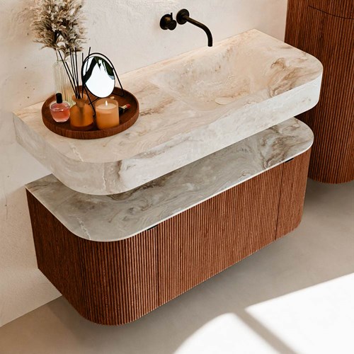 THOR-DLUX 110cm bathroom vanity set curve left + right color Ruby with 1 drawer and 2 doors. Floating sink CLOUD Right without tab hole color Frappe.-2