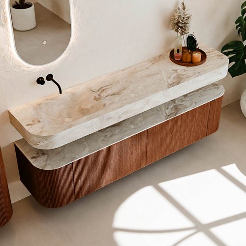 THOR-DLUX 190cm bathroom vanity set curve left + right color Ruby with 2 drawers and 2 doors. Floating sink CLOUD Left without tab hole color Frappe.-2