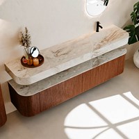 THOR-DLUX 200cm meubles de salle de bains courbe gauche + droite couleur Ruby avec 2 tiroirs et 2 portes. Lavabo suspendu CLOUD Droite 1 trou pour robinetter couleur Frappe.-2