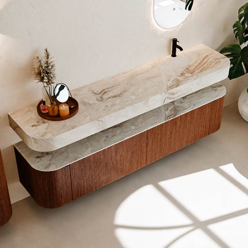 THOR-DLUX 200cm meubles de salle de bains courbe gauche + droite couleur Ruby avec 2 tiroirs et 2 portes. Lavabo suspendu CLOUD Droite 1 trou pour robinetter couleur Frappe.-2