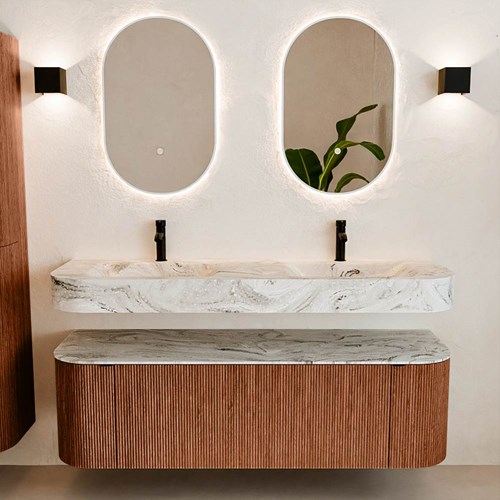 THOR-DLUX 150cm meubles de salle de bains courbe gauche + droite couleur Ruby avec 1 tiroir et 2 portes. Lavabo suspendu CLOUD Double 2 trous robinetterie couleur Glace.-3
