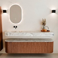 THOR-DLUX 170cm meubles de salle de bains courbe gauche + droite couleur Ruby avec 1 tiroir et 2 portes. Lavabo suspendu CLOUD Gauche sans trou pour robinet couleur Glace.-3