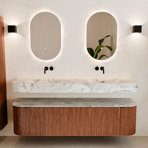 THOR-DLUX 170cm meubles de salle de bains courbe gauche + droite couleur Ruby avec 1 tiroir et 2 portes. Lavabo suspendu CLOUD Double sans trou pour robinet couleur Glace.-3