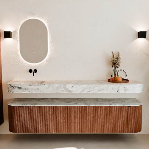 THOR-DLUX 200cm mueble de baño curva izquierda + derecha color Ruby con 2 cajones y 2 puertas. Lavabo suspendido CLOUD Izquierda sin orificio color Glace.-3