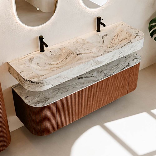 THOR-DLUX 150cm meubles de salle de bains courbe gauche + droite couleur Ruby avec 1 tiroir et 2 portes. Lavabo suspendu CLOUD Double 2 trous robinetterie couleur Glace.-2