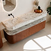 THOR-DLUX 170cm meubles de salle de bains courbe gauche + droite couleur Ruby avec 1 tiroir et 2 portes. Lavabo suspendu CLOUD Gauche sans trou pour robinet couleur Glace.-2
