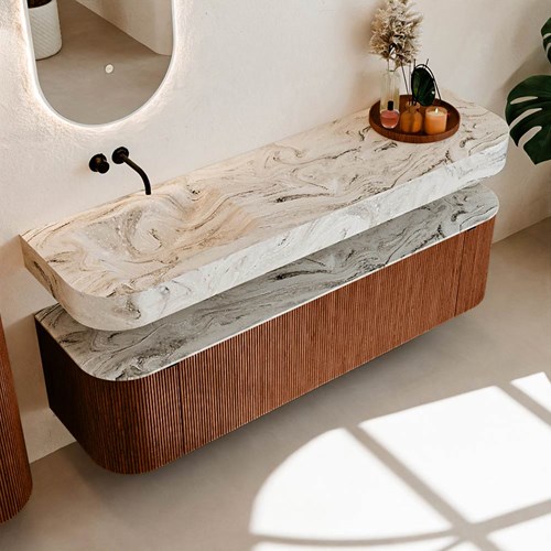 THOR-DLUX 170cm meubles de salle de bains courbe gauche + droite couleur Ruby avec 1 tiroir et 2 portes. Lavabo suspendu CLOUD Gauche sans trou pour robinet couleur Glace.-2