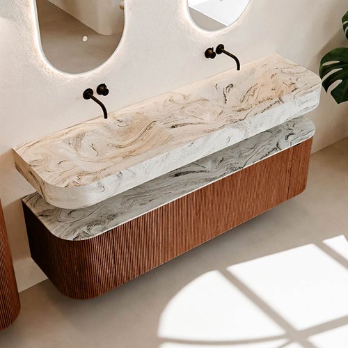 THOR-DLUX 170cm meubles de salle de bains courbe gauche + droite couleur Ruby avec 1 tiroir et 2 portes. Lavabo suspendu CLOUD Double sans trou pour robinet couleur Glace.-2