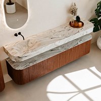 THOR-DLUX 200cm mueble de baño curva izquierda + derecha color Ruby con 2 cajones y 2 puertas. Lavabo suspendido CLOUD Izquierda sin orificio color Glace.-2
