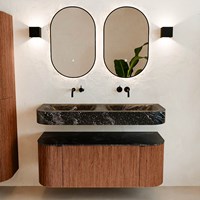 THOR-DLUX 120cm meubles de salle de bains courbe gauche + droite couleur Ruby avec 1 tiroir et 2 portes. Lavabo suspendu CLOUD Double sans trou pour robinet couleur Lava.-3
