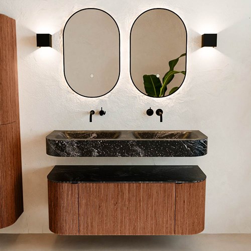 THOR-DLUX 120cm meubles de salle de bains courbe gauche + droite couleur Ruby avec 1 tiroir et 2 portes. Lavabo suspendu CLOUD Double sans trou pour robinet couleur Lava.-3