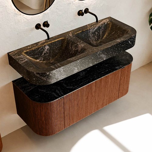 THOR-DLUX 120cm meubles de salle de bains courbe gauche + droite couleur Ruby avec 1 tiroir et 2 portes. Lavabo suspendu CLOUD Double sans trou pour robinet couleur Lava.-2
