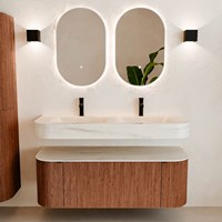 THOR-DLUX 130cm bathroom vanity set curve left + right color Ruby with 1 drawer and 2 doors. Wall mounted sink CLOUD Double 2 tab holes color Meli.-3