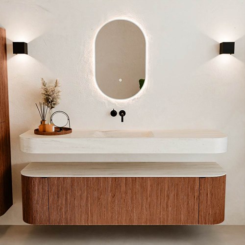 THOR-DLUX 170cm bathroom vanity set curve left + right color Ruby with 1 drawer and 2 doors. Wall mounted sink CLOUD Center without tab hole color Meli.-3