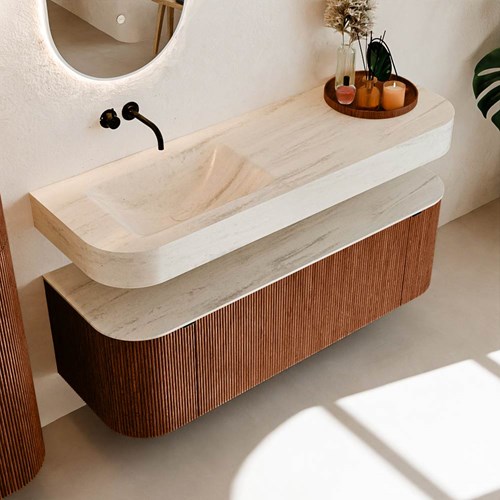 THOR-DLUX 140cm bathroom vanity set curve left + right color Ruby with 1 drawer and 2 doors. Wall mounted sink CLOUD Left without tab hole color Meli.-2