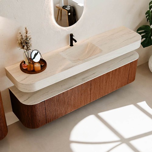 THOR-DLUX 190cm meubles de salle de bains courbe gauche + droite couleur Ruby avec 2 tiroirs et 2 portes. Lavabo suspendu CLOUD Centrée 1 trou pour robinetter couleur Meli.-2