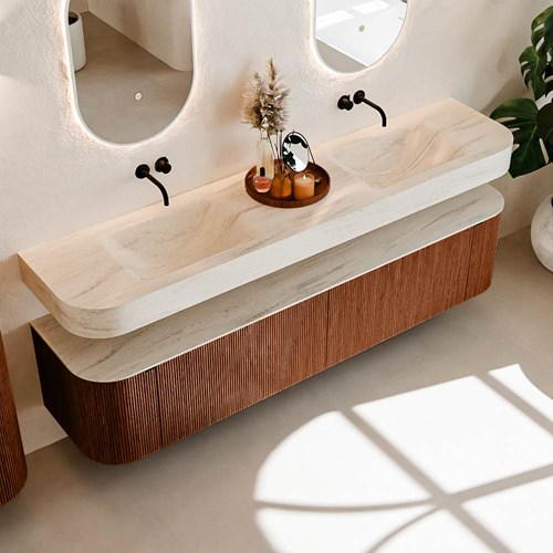 THOR-DLUX 200cm mueble de baño curva izquierda + derecha color Ruby con 2 cajones y 2 puertas. Lavabo suspendido CLOUD Doble sin orificio color Meli.-2