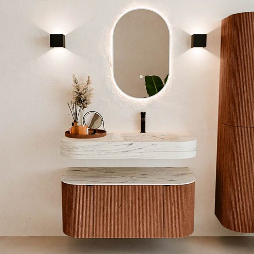 THOR-DLUX 100cm badmeubel ronding links + rechts kleur Ruby met 1 lade en 2 deuren. Vrijhangende wastafel CLOUD Rechts 1 kraangat kleur Nata.-3