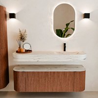 THOR-DLUX 140cm meubles de salle de bains courbe gauche + droite couleur Ruby avec 1 tiroir et 2 portes. Lavabo suspendu CLOUD Droite 1 trou pour robinetter couleur Nata.-3