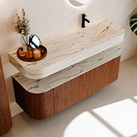 THOR-DLUX 140cm meubles de salle de bains courbe gauche + droite couleur Ruby avec 1 tiroir et 2 portes. Lavabo suspendu CLOUD Droite 1 trou pour robinetter couleur Nata.-2