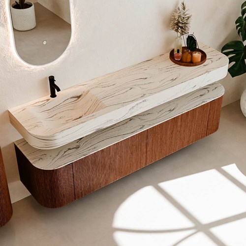THOR-DLUX 190cm meubles de salle de bains courbe gauche + droite couleur Ruby avec 2 tiroirs et 2 portes. Lavabo suspendu CLOUD Gauche 1 trou pour robinetter couleur Nata.-2