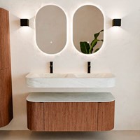 THOR-DLUX 120cm meubles de salle de bains courbe gauche + droite couleur Ruby avec 1 tiroir et 2 portes. Lavabo suspendu CLOUD Double 2 trous robinetterie couleur Opalo.-3