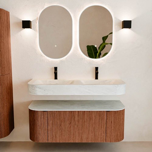 THOR-DLUX 120cm meubles de salle de bains courbe gauche + droite couleur Ruby avec 1 tiroir et 2 portes. Lavabo suspendu CLOUD Double 2 trous robinetterie couleur Opalo.-3
