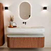 THOR-DLUX 140cm badmeubel ronding links + rechts kleur Ruby met 1 lade en 2 deuren. Vrijhangende wastafel CLOUD Midden zonder kraangat kleur Opalo.-3