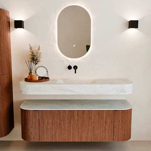 THOR-DLUX 140cm badmeubel ronding links + rechts kleur Ruby met 1 lade en 2 deuren. Vrijhangende wastafel CLOUD Midden zonder kraangat kleur Opalo.-3
