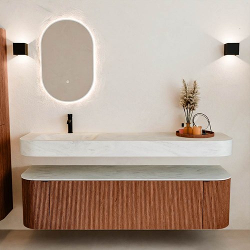 THOR-DLUX 170cm bathroom vanity set curve left + right color Ruby with 1 drawer and 2 doors. Floating sink CLOUD Left 1 tab hole color Opalo.-3