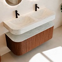 THOR-DLUX 120cm meubles de salle de bains courbe gauche + droite couleur Ruby avec 1 tiroir et 2 portes. Lavabo suspendu CLOUD Double 2 trous robinetterie couleur Opalo.-2