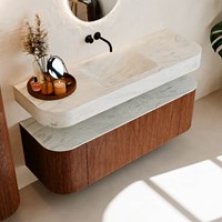 THOR-DLUX 140cm badmeubel ronding links + rechts kleur Ruby met 1 lade en 2 deuren. Vrijhangende wastafel CLOUD Midden zonder kraangat kleur Opalo.-2