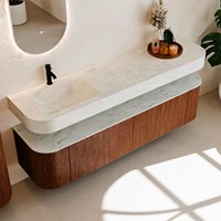THOR-DLUX 180cm meubles de salle de bains courbe gauche + droite couleur Ruby avec 2 tiroirs et 2 portes. Lavabo suspendu CLOUD Gauche 1 trou pour robinetter couleur Opalo.-2