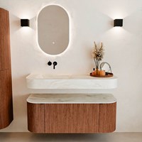 THOR-DLUX 120cm mueble de baño curva izquierda + derecha color Ruby con 1 cajón y 2 puertas. Lavabo suspendido CLOUD Izquierda sin orificio color Ostra.-3