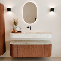 THOR-DLUX 130cm badmeubel ronding links + rechts kleur Ruby met 1 lade en 2 deuren. Vrijhangende wastafel CLOUD Midden zonder kraangat kleur Ostra.-3