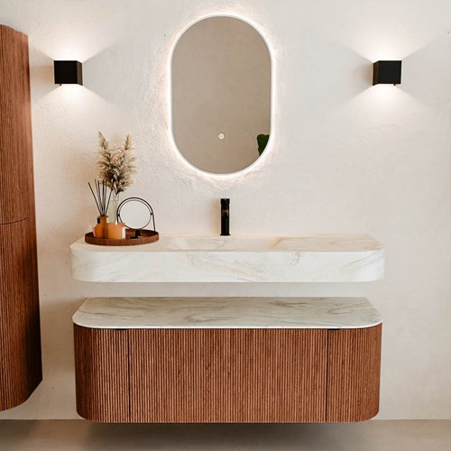 THOR-DLUX 130cm meubles de salle de bains courbe gauche + droite couleur Ruby avec 1 tiroir et 2 portes. Lavabo suspendu CLOUD Centrée 1 trou pour robinetter couleur Ostra.-3