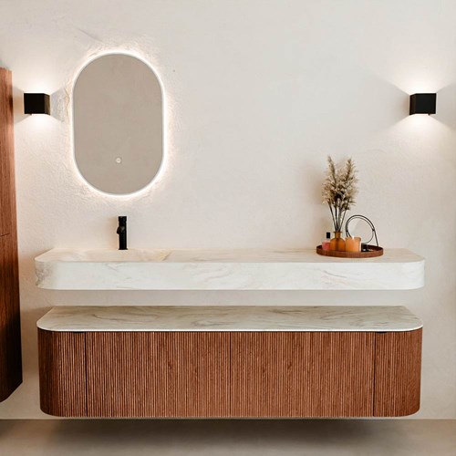 THOR-DLUX 180cm meubles de salle de bains courbe gauche + droite couleur Ruby avec 2 tiroirs et 2 portes. Lavabo suspendu CLOUD Gauche 1 trou pour robinetter couleur Ostra.-3