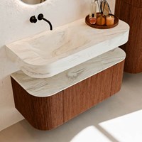 THOR-DLUX 110cm mueble de baño curva izquierda + derecha color Ruby con 1 cajón y 2 puertas. Lavabo suspendido CLOUD Izquierda sin orificio color Ostra.-2