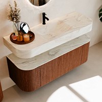 THOR-DLUX 130cm meubles de salle de bains courbe gauche + droite couleur Ruby avec 1 tiroir et 2 portes. Lavabo suspendu CLOUD Centrée 1 trou pour robinetter couleur Ostra.-2