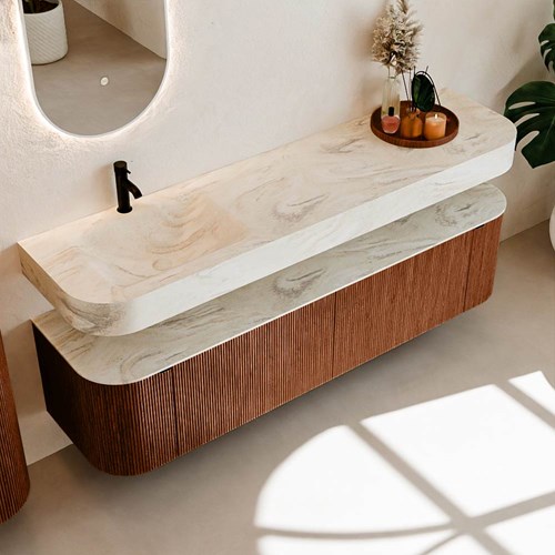 THOR-DLUX 180cm meubles de salle de bains courbe gauche + droite couleur Ruby avec 2 tiroirs et 2 portes. Lavabo suspendu CLOUD Gauche 1 trou pour robinetter couleur Ostra.-2