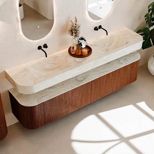 THOR-DLUX 200cm meubles de salle de bains courbe gauche + droite couleur Ruby avec 2 tiroirs et 2 portes. Lavabo suspendu CLOUD Double sans trou pour robinet couleur Ostra.-2