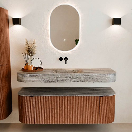 THOR-DLUX 140cm mueble de baño curva izquierda + derecha color Ruby con 1 cajón y 2 puertas. Lavabo suspendido CLOUD Centro sin orificio color Oza.-3