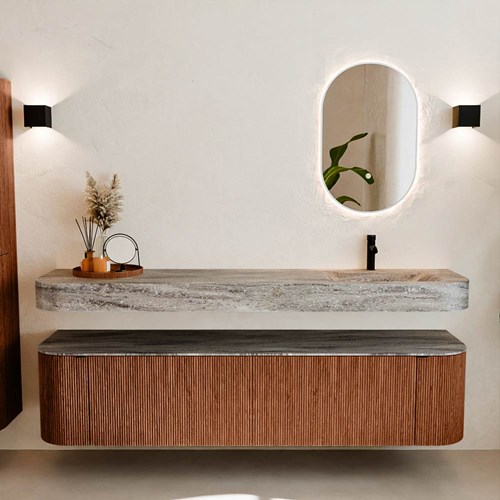 THOR-DLUX 190cm bathroom vanity set curve left + right color Ruby with 2 drawers and 2 doors. Wall mounted sink CLOUD Right 1 tab hole color Oza.-3