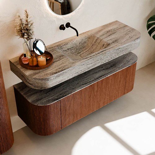 THOR-DLUX 140cm mueble de baño curva izquierda + derecha color Ruby con 1 cajón y 2 puertas. Lavabo suspendido CLOUD Centro sin orificio color Oza.-2