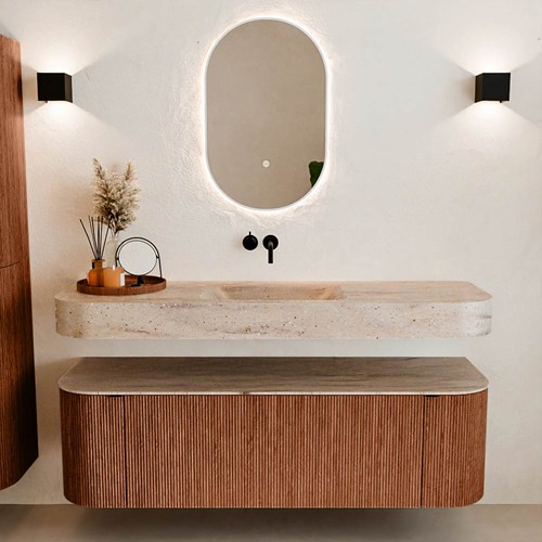 THOR-DLUX 150cm mueble de baño curva izquierda + derecha color Ruby con 1 cajón y 2 puertas. Lavabo suspendido CLOUD Centro sin orificio color Saba.-3