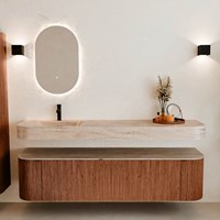 THOR-DLUX 180cm bathroom vanity set curve left + right color Ruby with 2 drawers and 2 doors. Wall mounted sink CLOUD Left 1 tab hole color Saba.-3