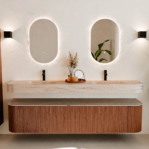 THOR-DLUX 200cm meubles de salle de bains courbe gauche + droite couleur Ruby avec 2 tiroirs et 2 portes. Lavabo suspendu CLOUD Double 2 trous robinetterie couleur Saba.-3